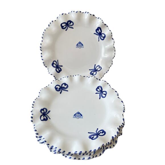 La Ceramica Italy Blue Bow Scalloped Edge Dinner Plates 10.75" Set of 4 New - Picture 1 of 13